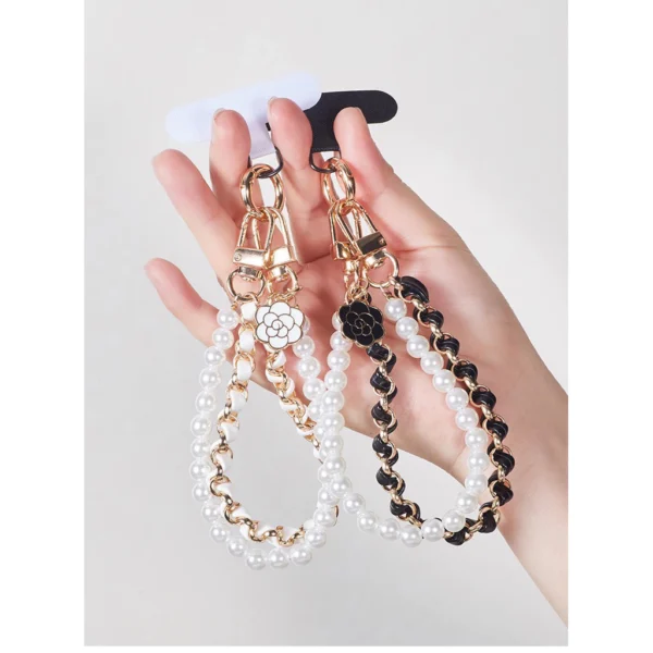 Mobile Phone Case Accessories Double Chains With Pearls Wrist Strap Luxury Phone Leather Chains
