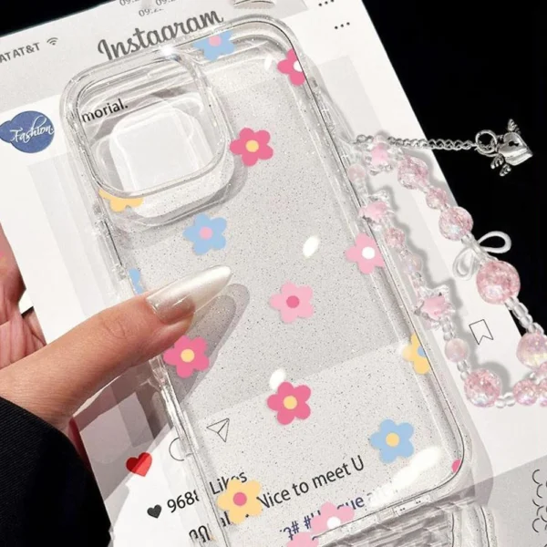 iPhone Case Super Bright Glitter Clear TPU Soft Case With Bracelet Colorful Flowers Compatible