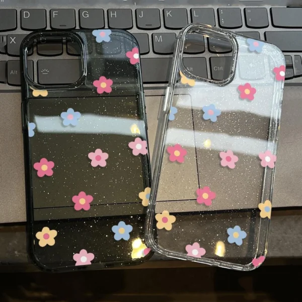 iPhone Case Super Bright Glitter Clear TPU Soft Case With Bracelet Colorful Flowers Compatible