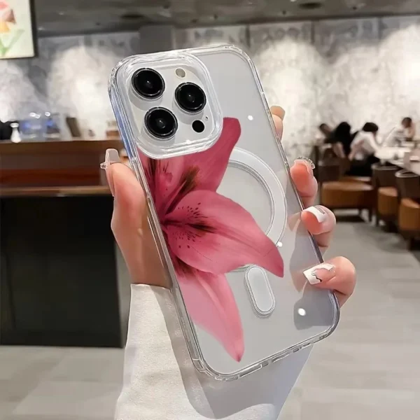 Magnetic Phone Case for IPhone Red Flower Printed Cover